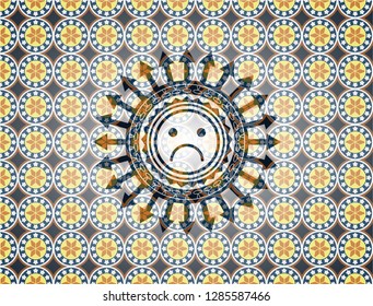sad face icon inside arabesque style badge. arabic decoration.