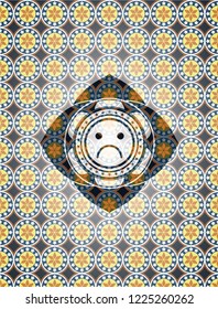 sad face icon inside arabic emblem background. Arabesque decoration.