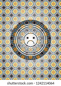 sad face icon inside arabic style badge. Arabesque decoration.