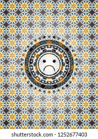 sad face icon inside arabic badge background. Arabesque decoration.