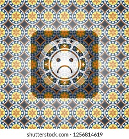 sad face icon inside arabic emblem background. Arabesque decoration.