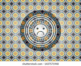 sad face icon inside arabic badge. Arabesque decoration.