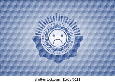 sad face icon inside blue badge with geometric pattern background.