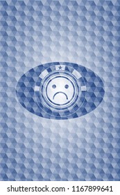 sad face icon inside blue badge with geometric pattern background.