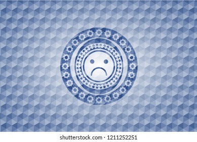 sad face icon inside blue badge with geometric pattern background.