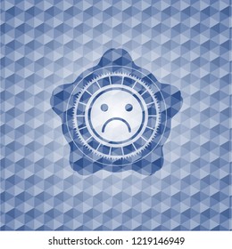 sad face icon inside blue emblem with geometric background.