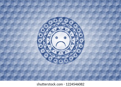 sad face icon inside blue badge with geometric background.