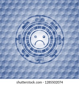 sad face icon inside blue polygonal emblem.