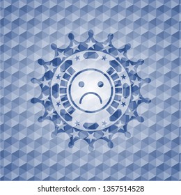 sad face icon inside blue badge with geometric pattern.
