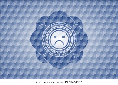 sad face icon inside blue badge with geometric pattern.
