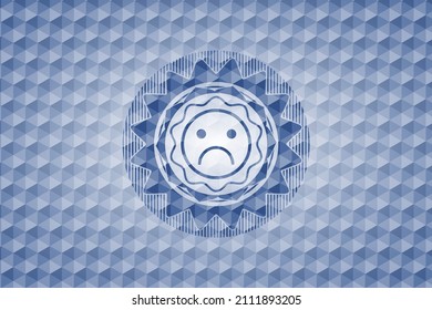 sad face icon inside blue polygonal badge. 