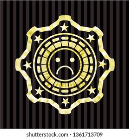 sad face icon inside gold badge or emblem