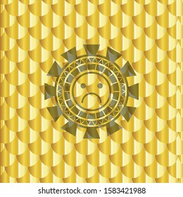 sad face icon inside gold badge or emblem. Scales pattern. Vector Illustration. Detailed.