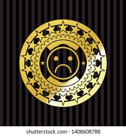 sad face icon inside golden badge or emblem