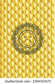 sad face icon inside golden emblem or badge. Scales pattern. Vector Illustration. Detailed.