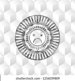 sad face icon inside grey emblem. Retro with geometric cube white background