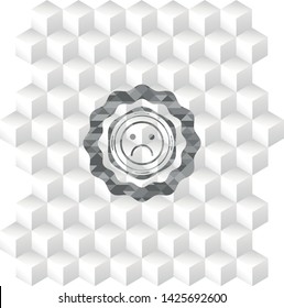 sad face icon inside grey emblem. Retro with geometric cube white background