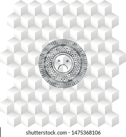 sad face icon inside grey emblem. Retro with geometric cube white background