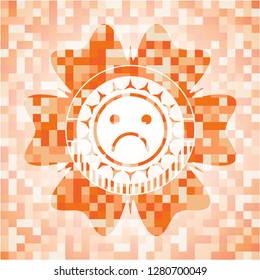sad face icon inside orange tile background illustration. Square geometric mosaic seamless pattern with emblem inside.
