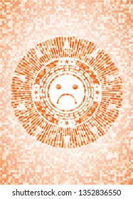sad face icon inside orange mosaic emblem with background