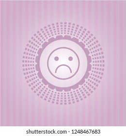 sad face icon inside pink emblem. Retro