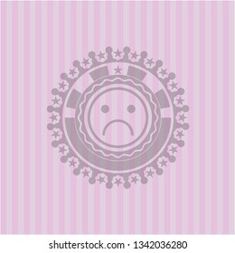 sad face icon inside pink emblem. Retro