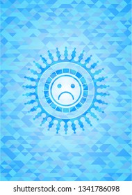 sad face icon inside realistic light blue emblem. Mosaic background