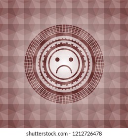 sad face icon inside red badge with geometric pattern. Seamless.