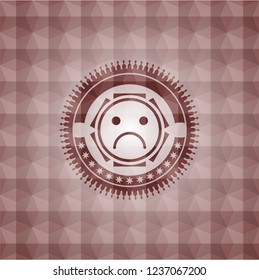 sad face icon inside red badge with geometric pattern background. Seamless.