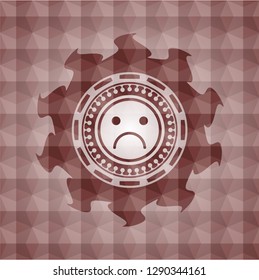 sad face icon inside red badge with geometric pattern. Seamless.