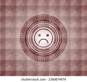 sad face icon inside red emblem with geometric pattern. Seamless.