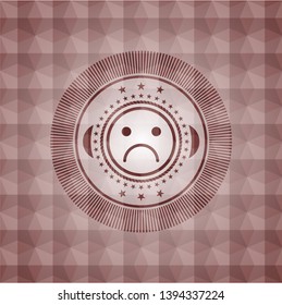sad face icon inside red badge with geometric pattern. Seamless.