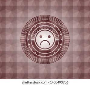 sad face icon inside red badge with geometric pattern background. Seamless.