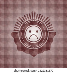 sad face icon inside red badge with geometric background. Seamless.