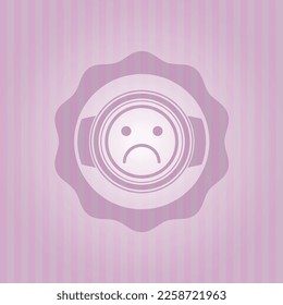 sad face icon inside retro style pink emblem. Detailed design. 