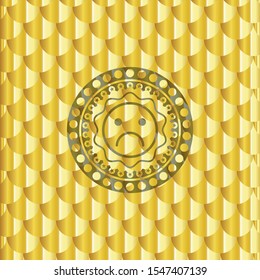 sad face icon inside shiny golden badge. Scales pattern. Vector Illustration. Detailed.