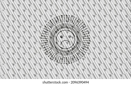 sad face icon inside silver shiny badge. Scales pattern. Vector Illustration. Detailed. 