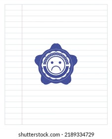 sad face icon with pen strokes. Blue ink. Vector Illustration. Detailed. 