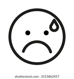 Sad face icon. Simple outline with sweat drop. Black and white vector.