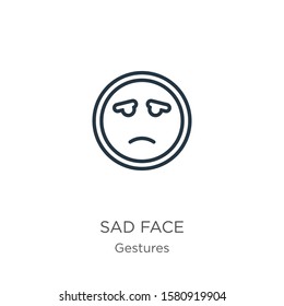 Sad face icon. Thin linear sad face outline icon isolated on white background from gestures collection. Line vector sign, symbol for web and mobile