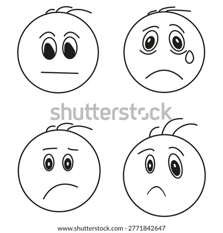 Sad face icons set. Emotion character symbols. Unhappy head figures collection. Vector mood signs. EPS 10.