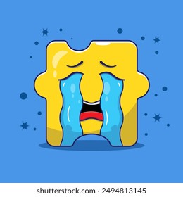 Sad face illustration cartoon with waterfall of tears and wetting face. cute puzzle character cartoon vector concept