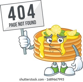 Sad face of lemon cream pancake cartoon character raised up 404 boards