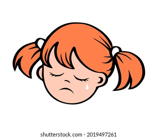 Sad Face Of A Little Girl On A White Background. Unhappy Face. Guilt. Vector Cartoon Isolated Illustration Hand Drawn