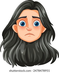 A sad face with long dark hair