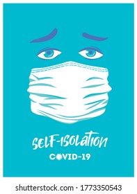 Sad face of a man in a medical mask on a blue background, as a symbol of quarantine and self-isolation. Vector illustration.