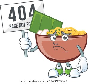 sad face mascot style of bowl of noodle raised up a board