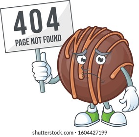 sad face mascot style of chocolate praline ball raised up a board
