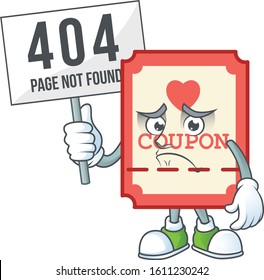 sad face mascot style of red love coupon raised up a board