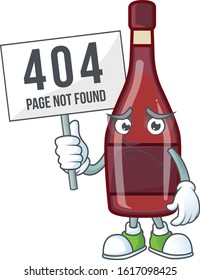 sad face mascot style of red bottle wine raised up a board